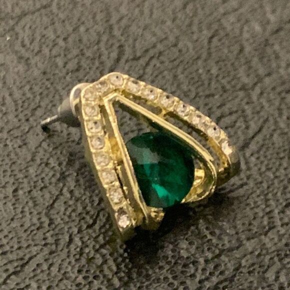 Luxury Simulated Emerald Green Earrings, 14k Gold Plate Triangle Studs Gift - Picture 5 of 10